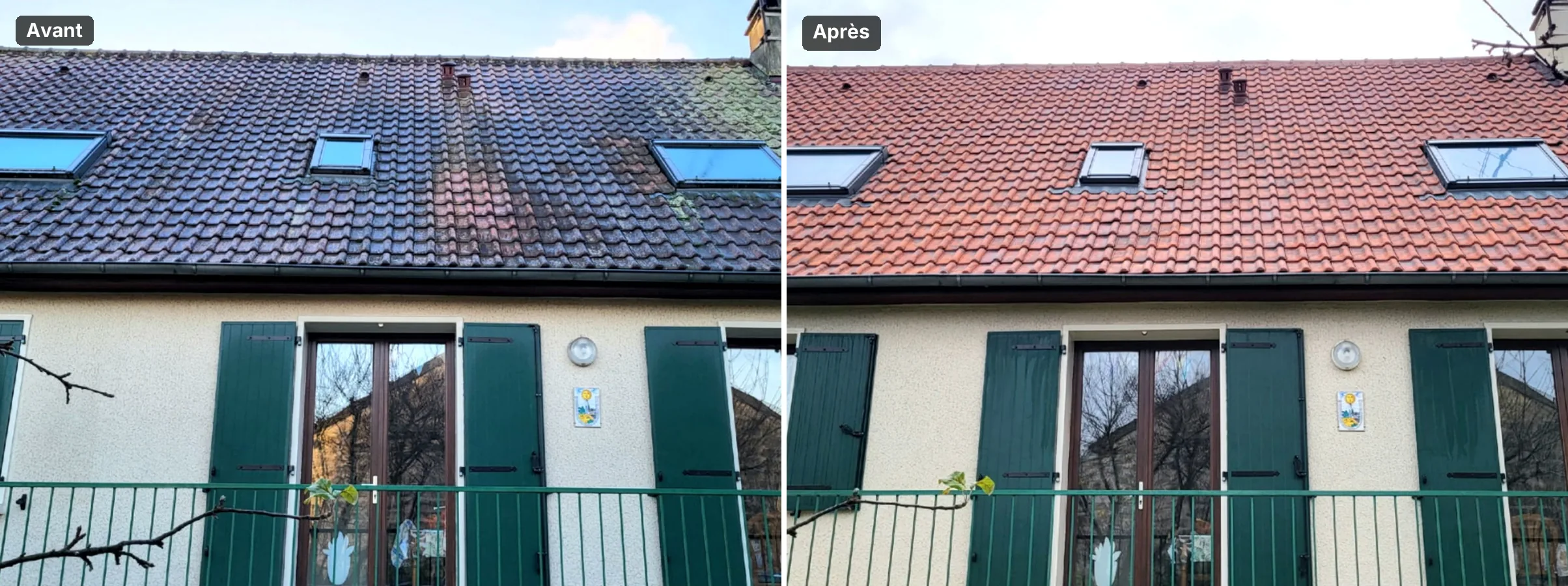 Réalisation : Démoussage d'une toiture en tuiles, avant / après — Démoussage