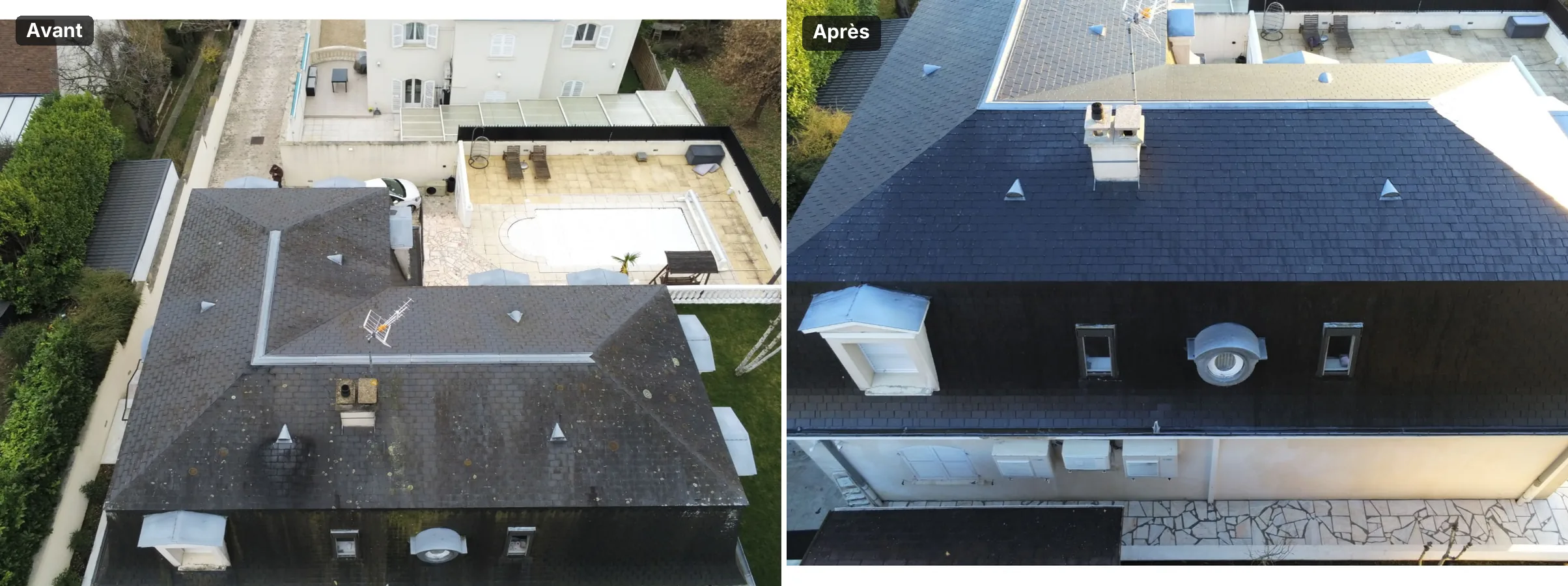 Réalisation : Démoussage de toiture contrôlé par drone, avant / après — Démoussage