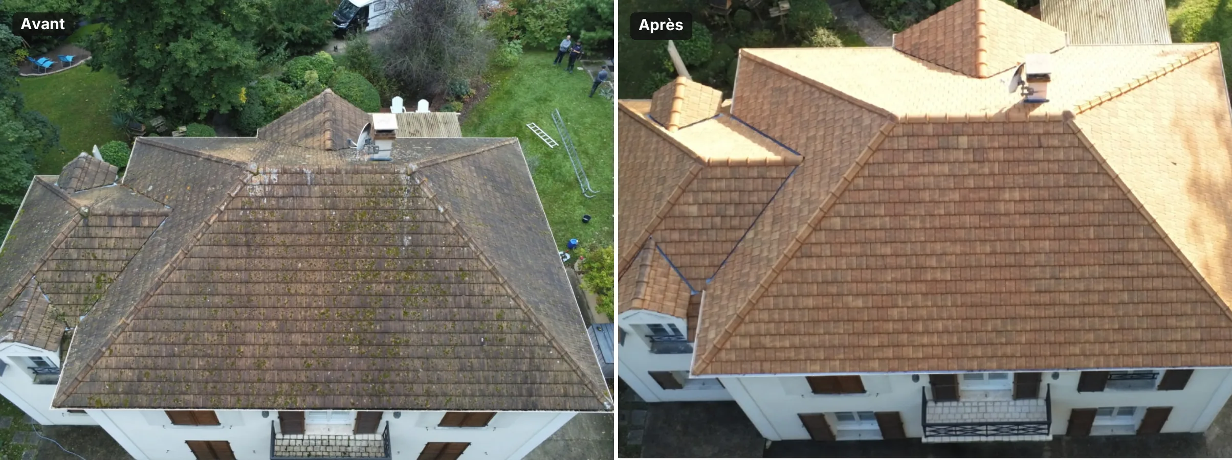 Réalisation : Démoussage d'une toiture en tuiles vu par drone, avant / après — Démoussage